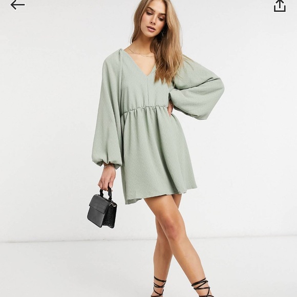 ASOS Design Textures Mini Smock Dress Sage Green - Picture 1 of 5